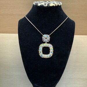 Gold Tone Aurora Borealis Crystal Statement Necklace AB Rhinestone Pendant 15"